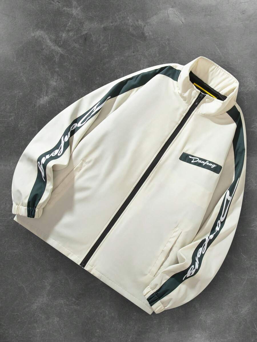Men's Letter Print Contrast Color Long Sleeve Frog Button Jacket