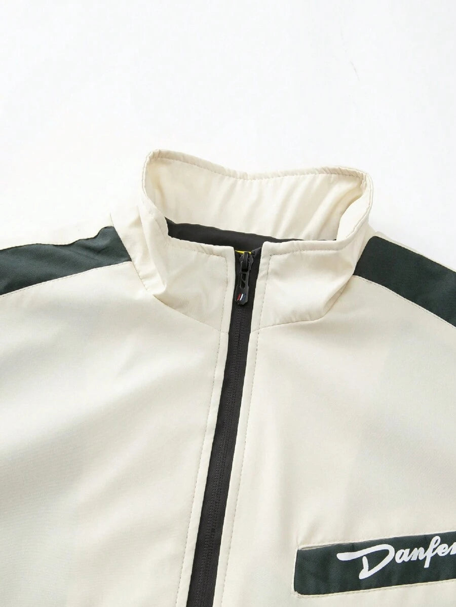 Men's Letter Print Contrast Color Long Sleeve Frog Button Jacket