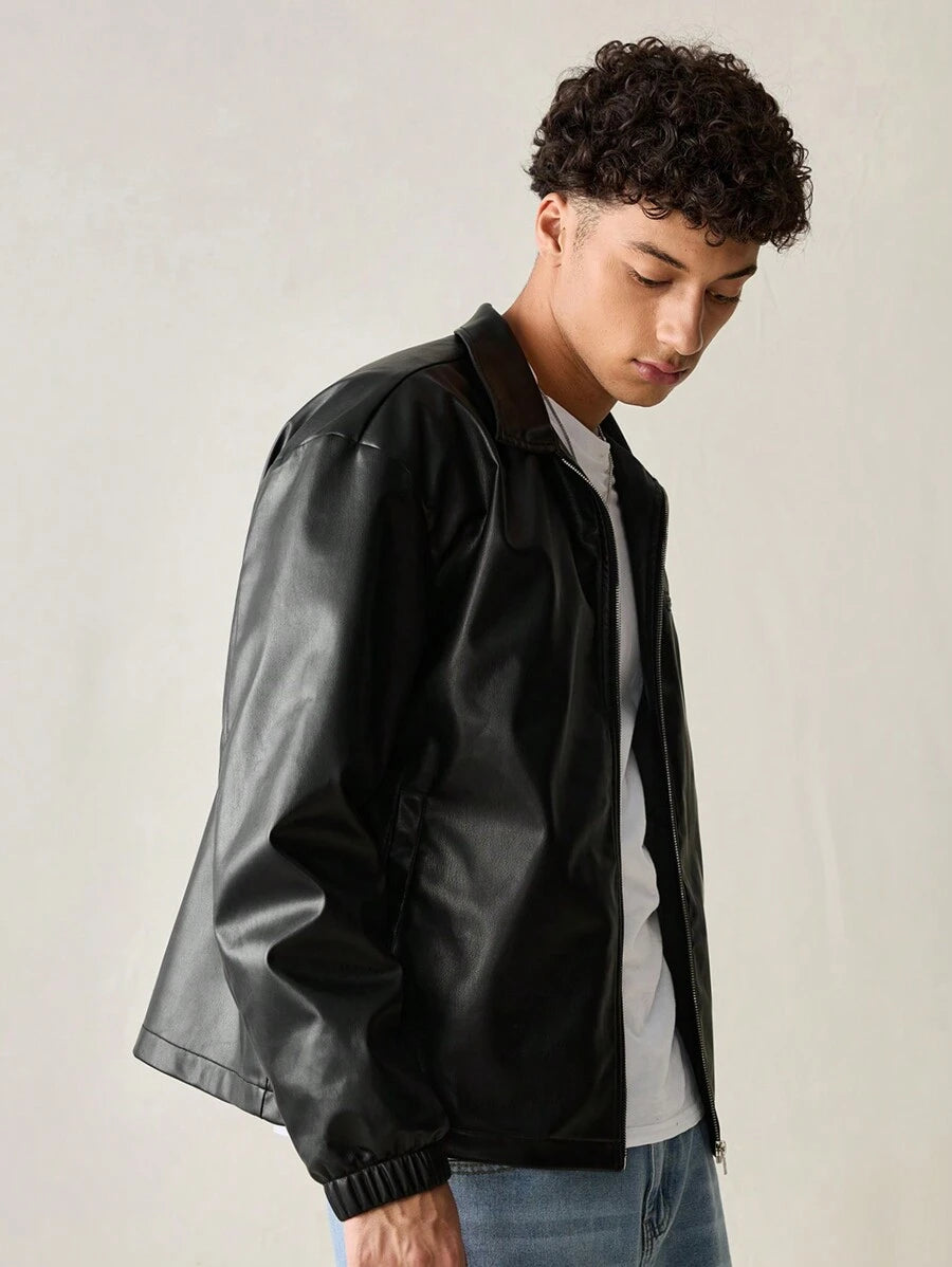 Men's Casual PU Leather Fitted Long Sleeve Men Jacket