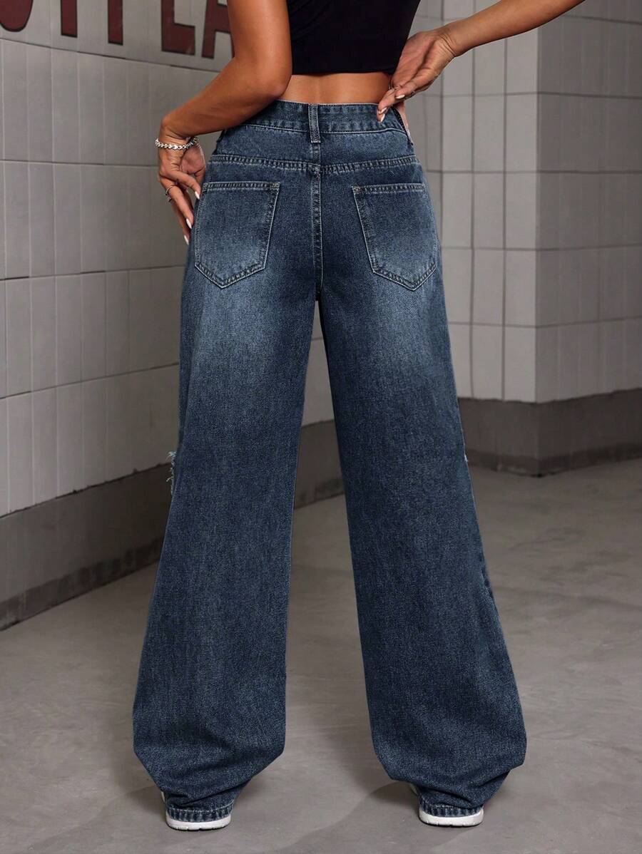 Women's Casual Street Patchwork Raw Edge Loose Wide Leg Baggy Jeans