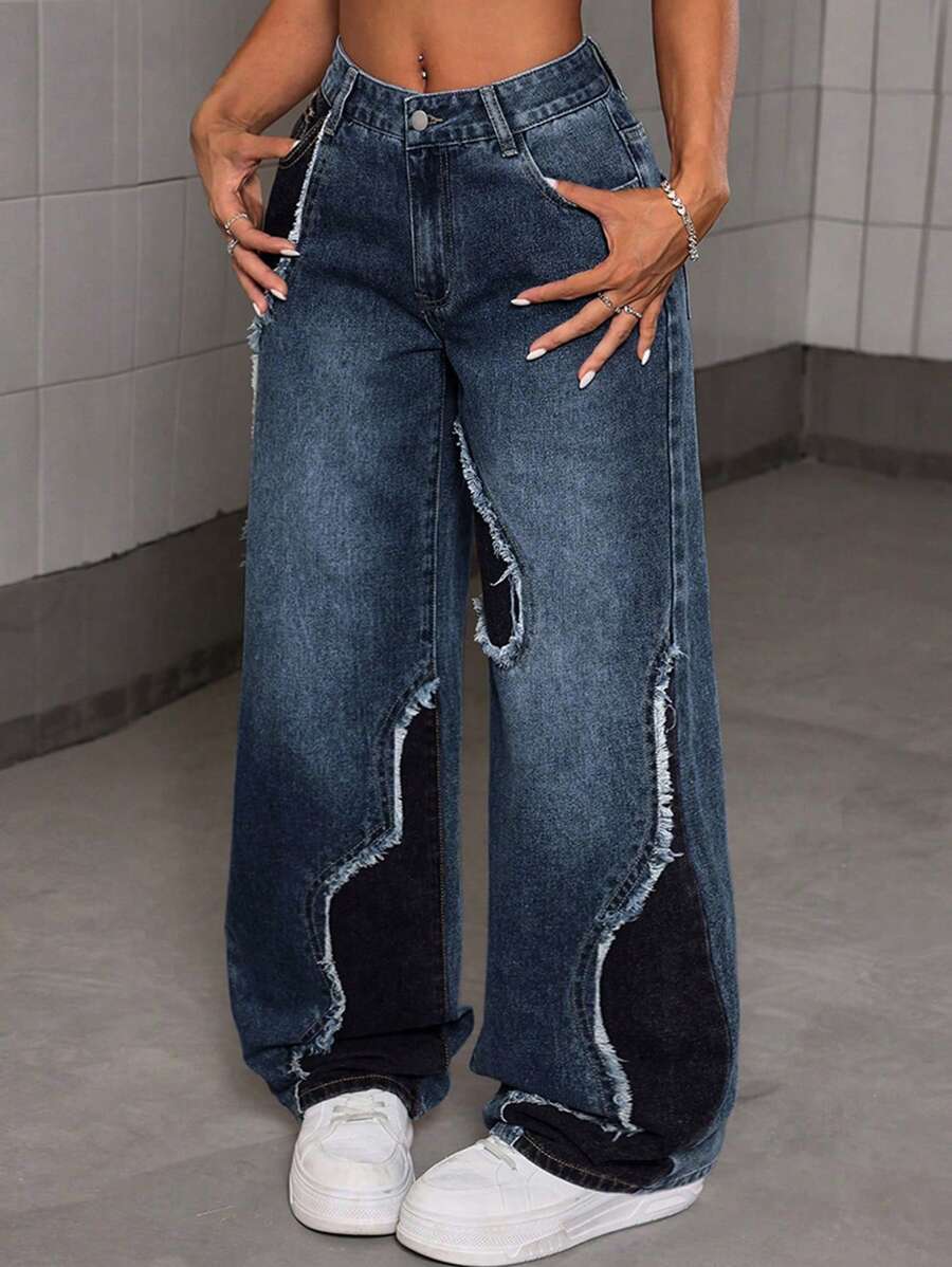 Women's Casual Street Patchwork Raw Edge Loose Wide Leg Baggy Jeans