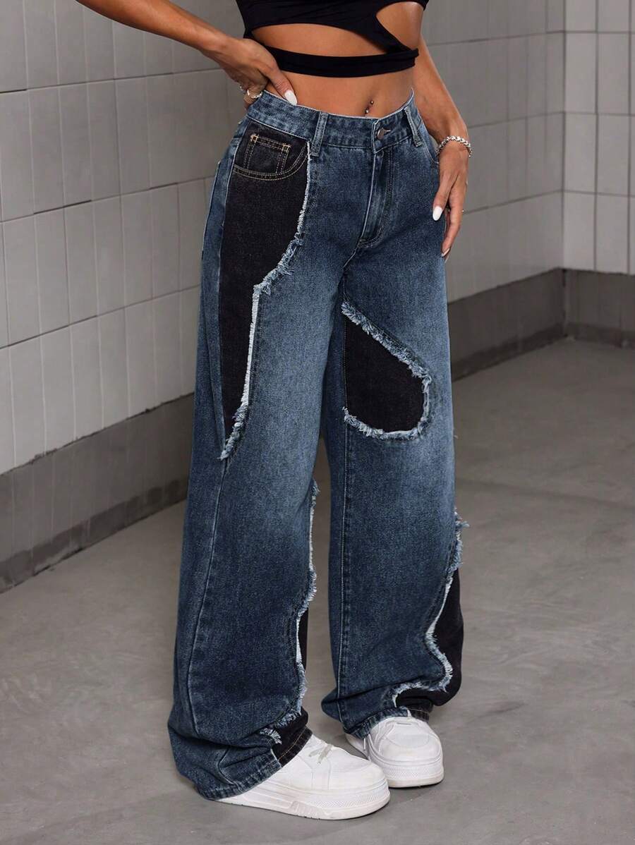 Women's Casual Street Patchwork Raw Edge Loose Wide Leg Baggy Jeans