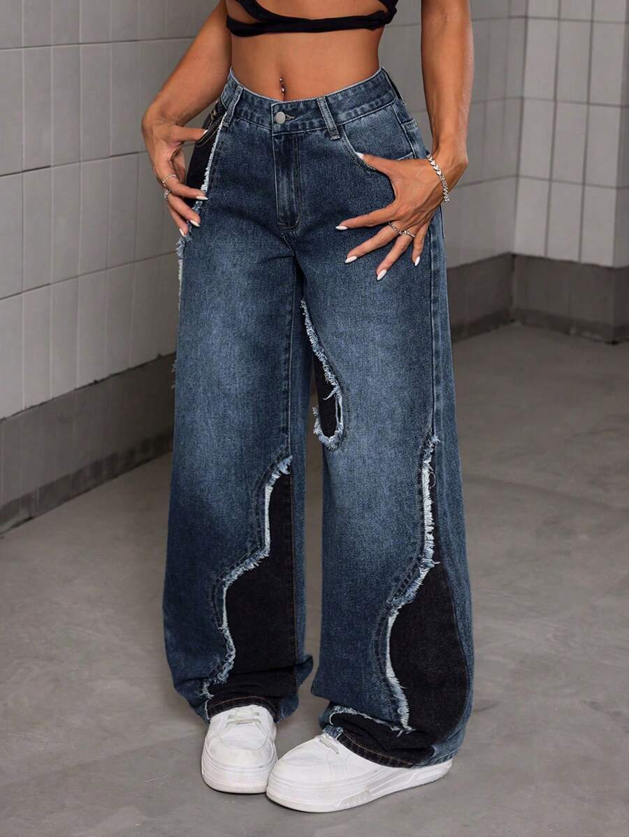 Women's Casual Street Patchwork Raw Edge Loose Wide Leg Baggy Jeans