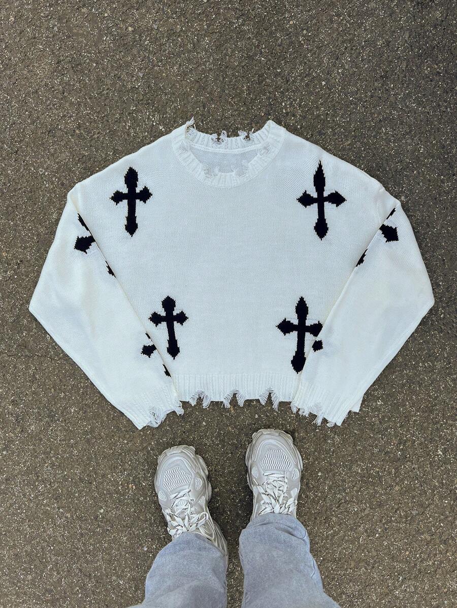 Men's Y2k Cross Graphic Frayed Pullover Sweater