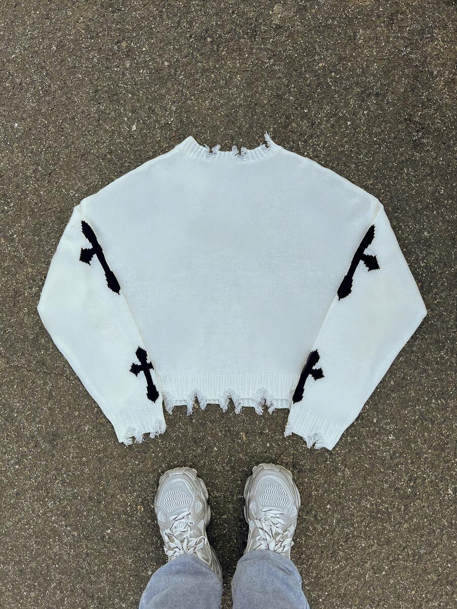 Men's Y2k Cross Graphic Frayed Pullover Sweater