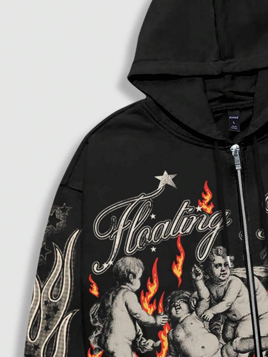 Men's Letter Graphic Print Zip-Up Hoodie
