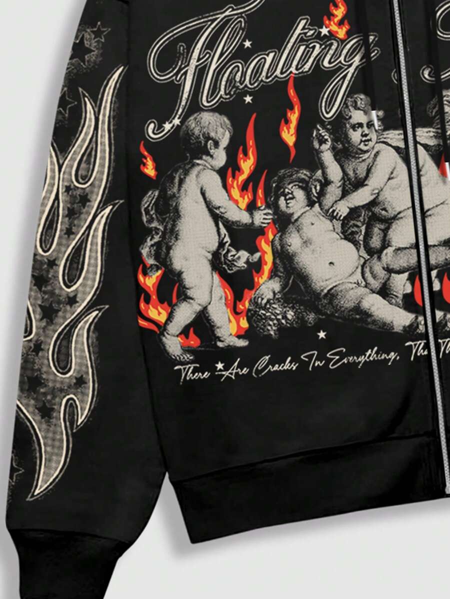 Men's Letter Graphic Print Zip-Up Hoodie