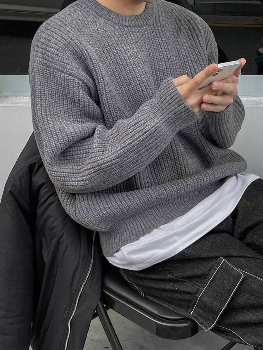 Men's Knit Drop Shoulder Crew Neck Pullover Sweater