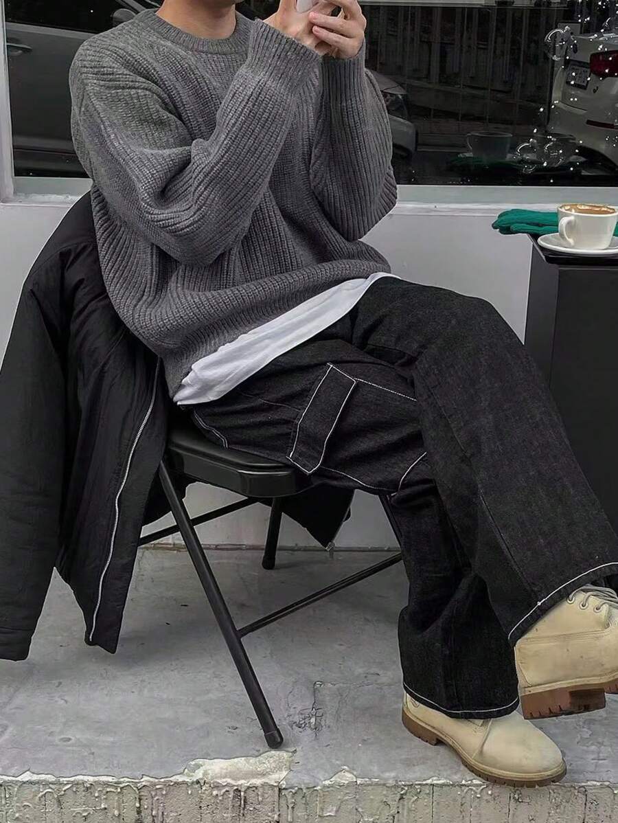 Men's Knit Drop Shoulder Crew Neck Pullover Sweater