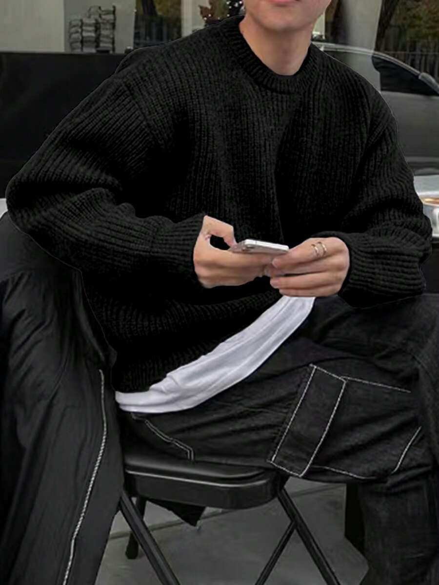 Men's Knit Drop Shoulder Crew Neck Pullover Sweater