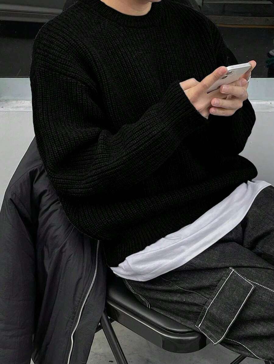 Men's Knit Drop Shoulder Crew Neck Pullover Sweater