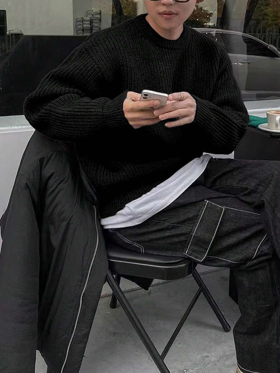 Men's Knit Drop Shoulder Crew Neck Pullover Sweater