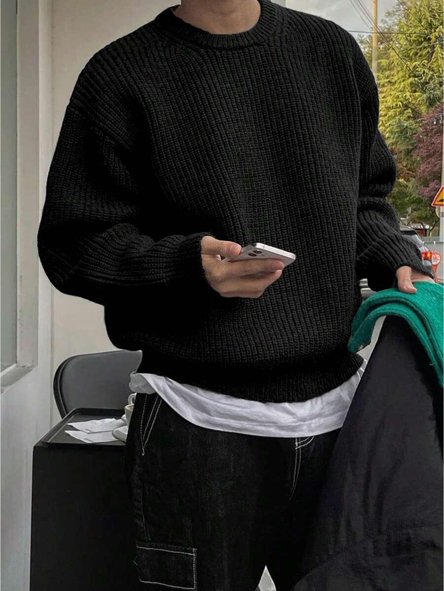 Men's Knit Drop Shoulder Crew Neck Pullover Sweater