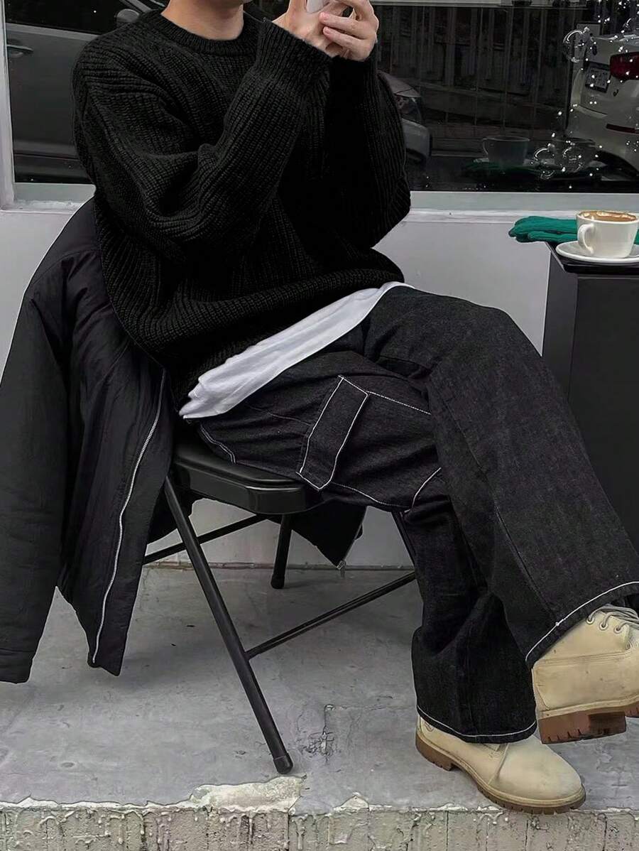 Men's Knit Drop Shoulder Crew Neck Pullover Sweater