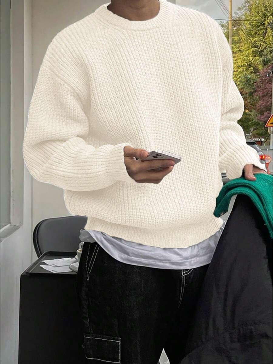 Men's Knit Drop Shoulder Crew Neck Pullover Sweater