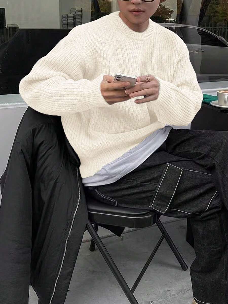 Men's Knit Drop Shoulder Crew Neck Pullover Sweater