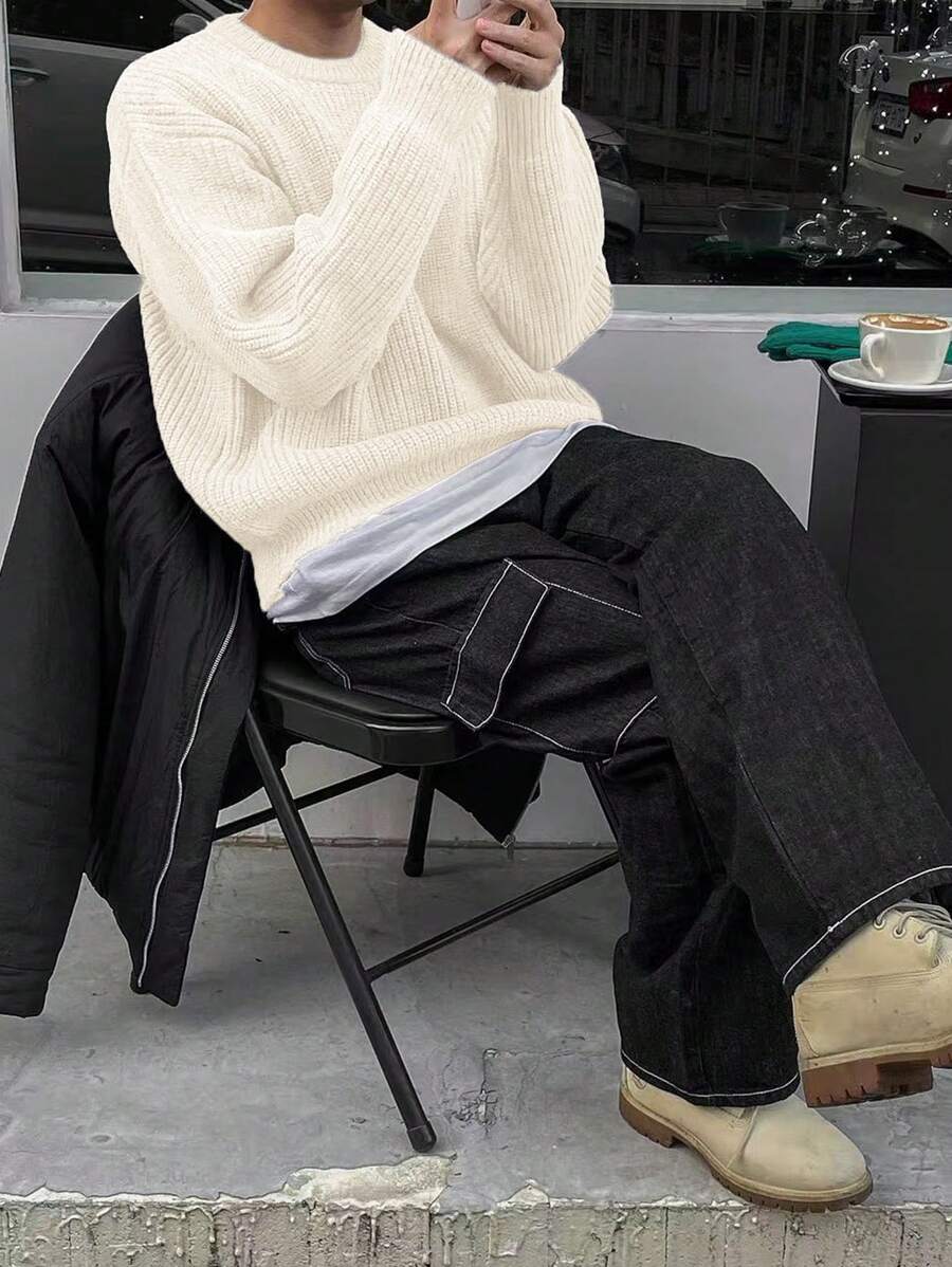 Men's Knit Drop Shoulder Crew Neck Pullover Sweater