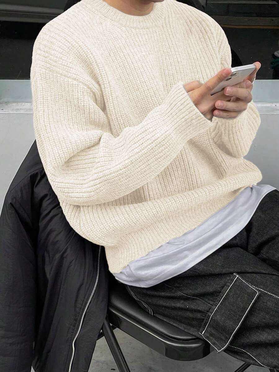 Men's Knit Drop Shoulder Crew Neck Pullover Sweater