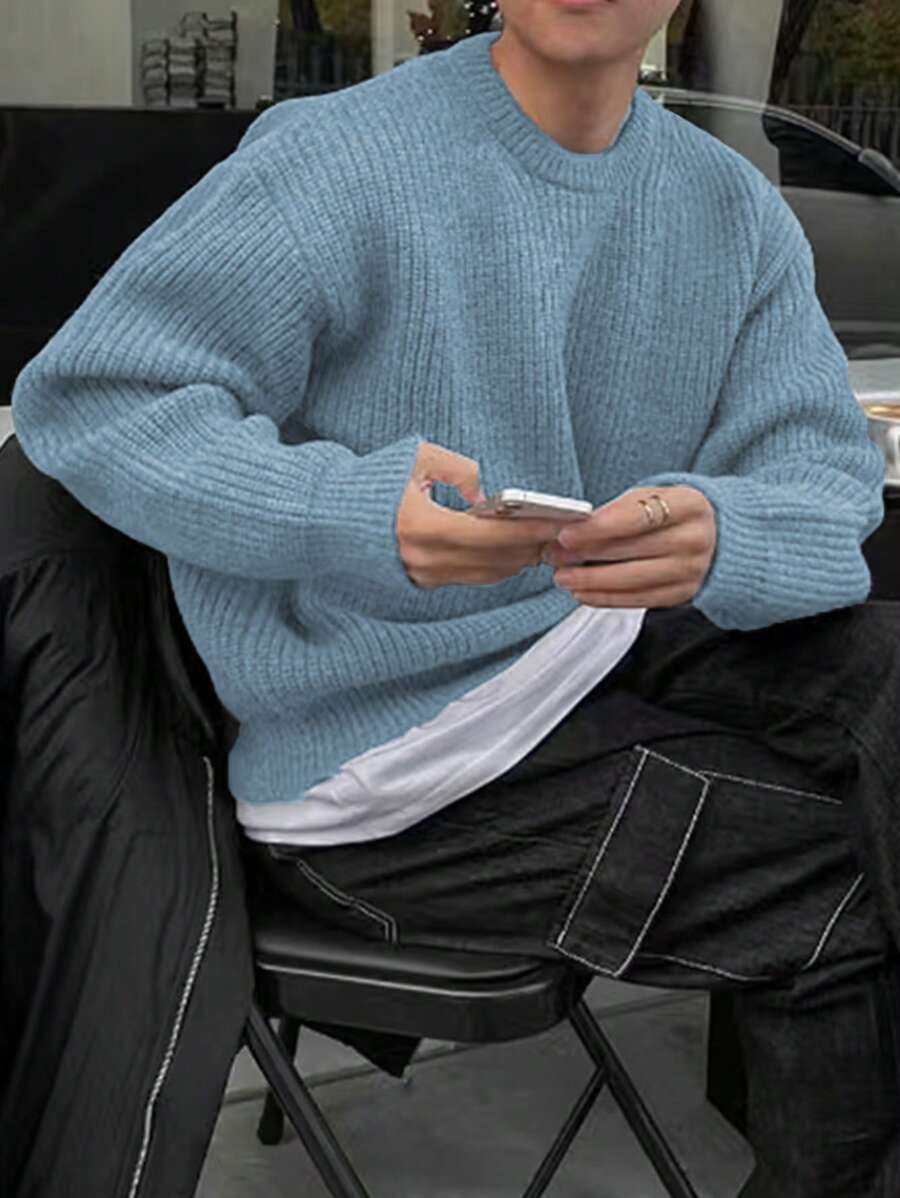 Men's Knit Drop Shoulder Crew Neck Pullover Sweater