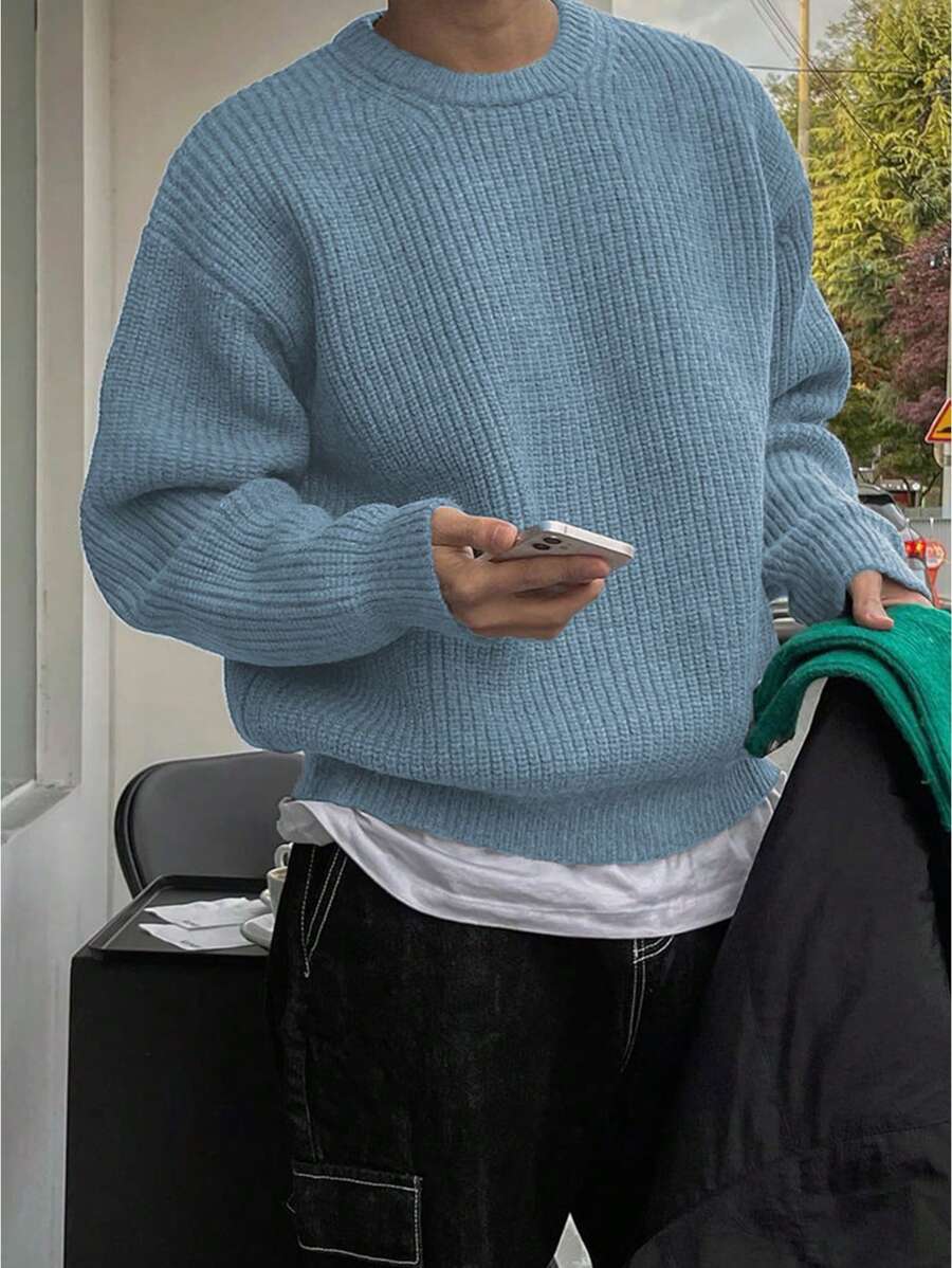 Men's Knit Drop Shoulder Crew Neck Pullover Sweater