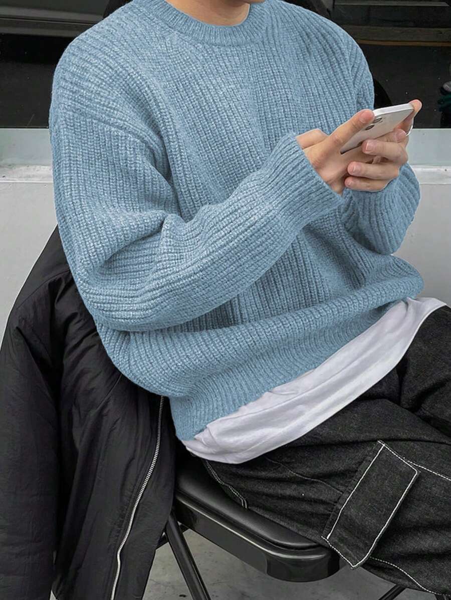 Men's Knit Drop Shoulder Crew Neck Pullover Sweater