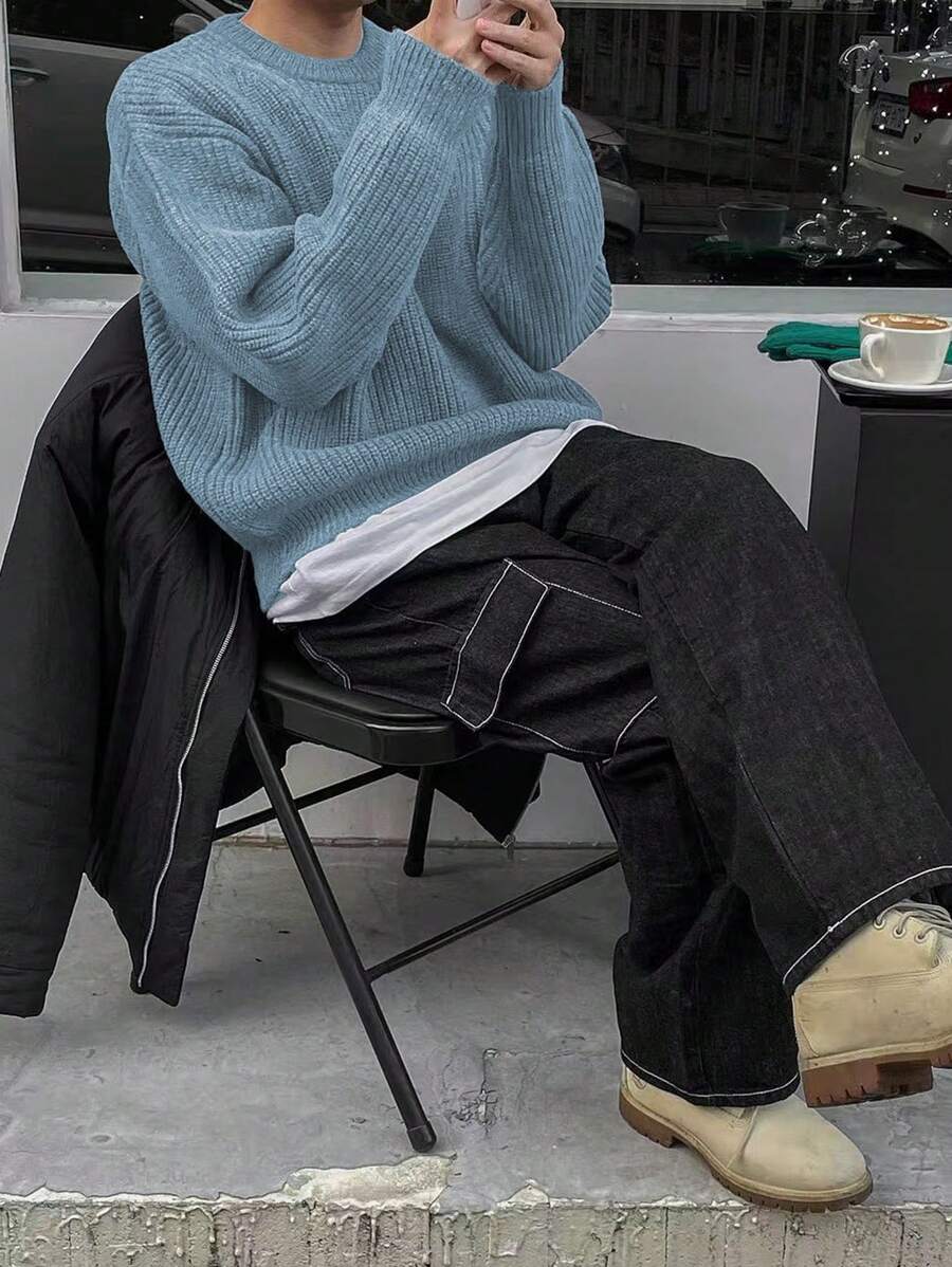 Men's Knit Drop Shoulder Crew Neck Pullover Sweater
