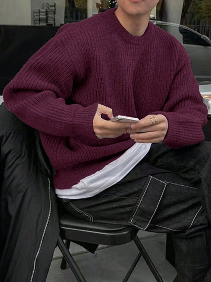 Men's Knit Drop Shoulder Crew Neck Pullover Sweater