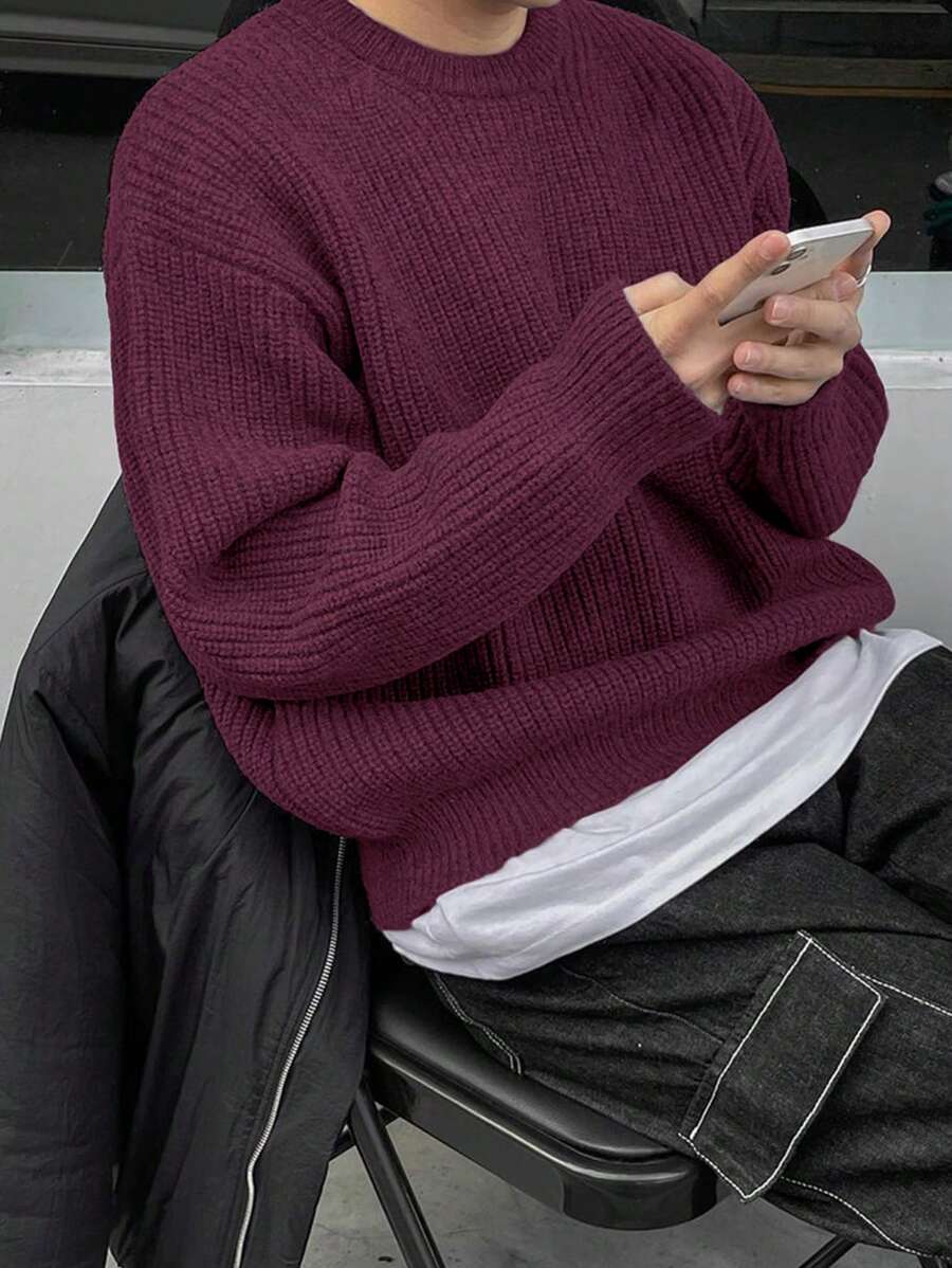 Men's Knit Drop Shoulder Crew Neck Pullover Sweater
