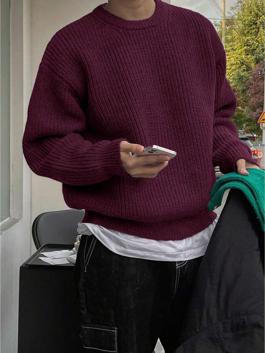 Men's Knit Drop Shoulder Crew Neck Pullover Sweater