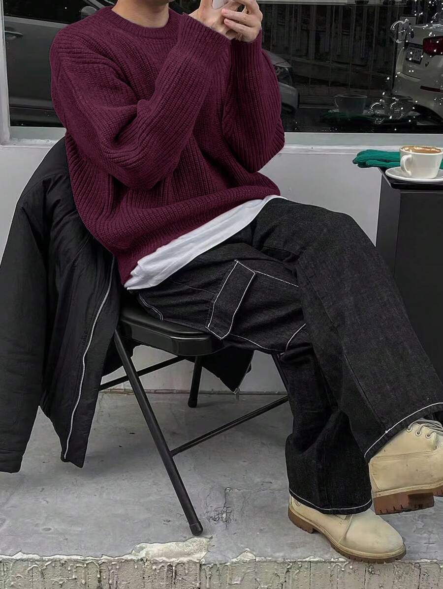 Men's Knit Drop Shoulder Crew Neck Pullover Sweater