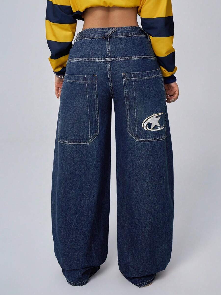 Women's Casual Low-Waist Embroidered Washed Denim Wide Leg Pants With Pockets