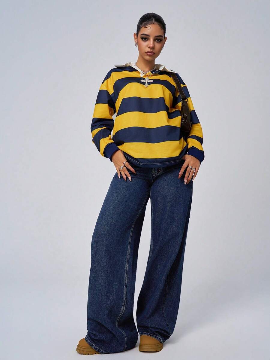 Women's Casual Low-Waist Embroidered Washed Denim Wide Leg Pants With Pockets