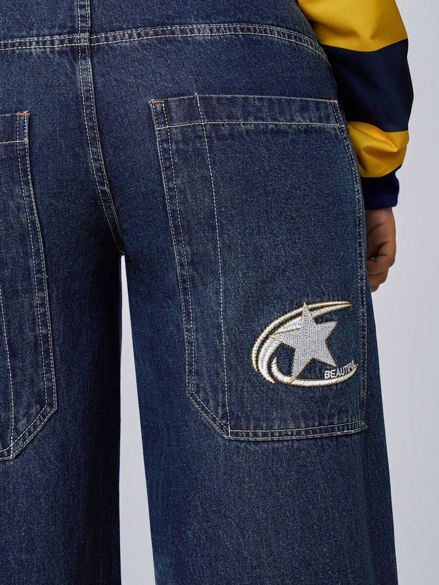 Women's Casual Low-Waist Embroidered Washed Denim Wide Leg Pants With Pockets