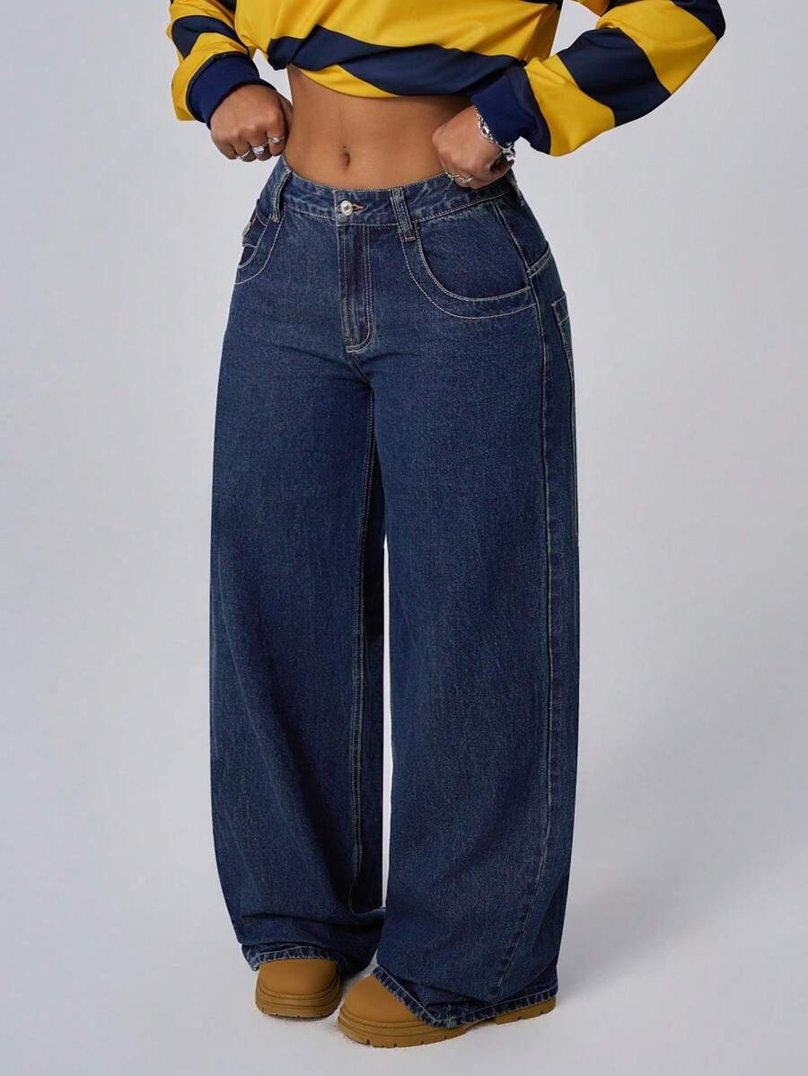 Women's Casual Low-Waist Embroidered Washed Denim Wide Leg Pants With Pockets