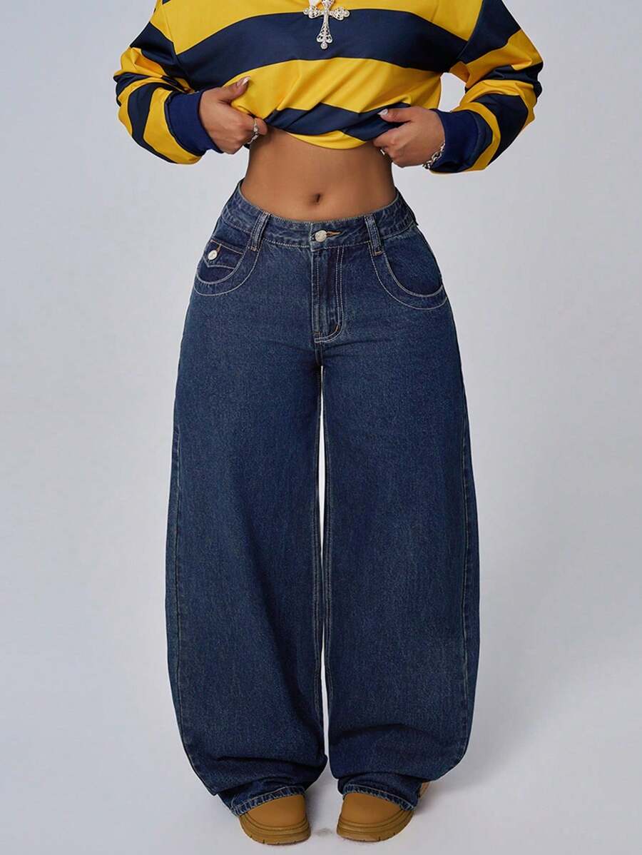 Women's Casual Low-Waist Embroidered Washed Denim Wide Leg Pants With Pockets