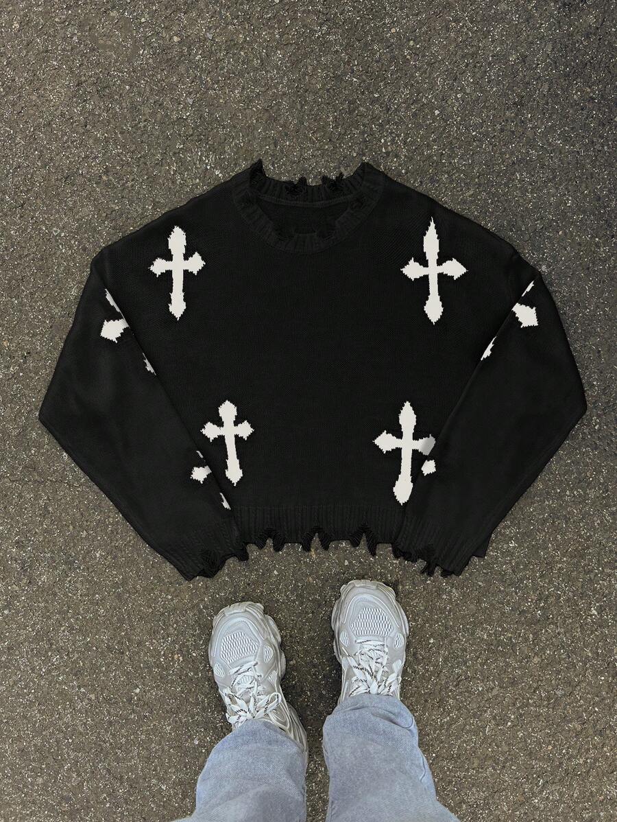 Men's Y2k Cross Graphic Frayed Pullover Sweater