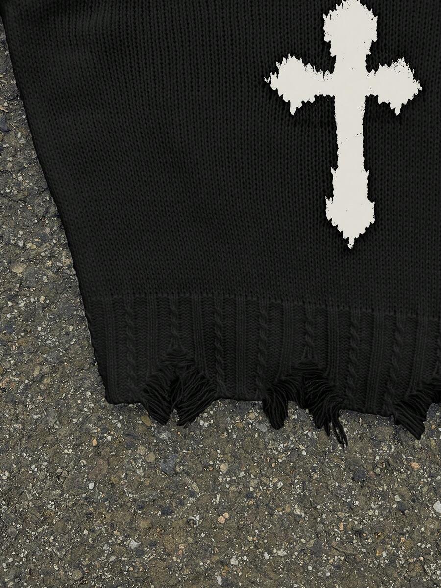 Men's Y2k Cross Graphic Frayed Pullover Sweater