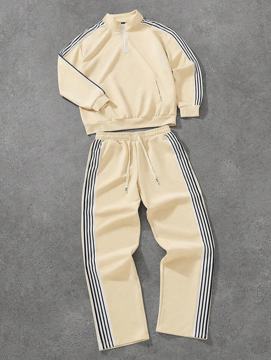 Men's Casual Colorblock Striped Polo Shirt And Pants 2pcs Set