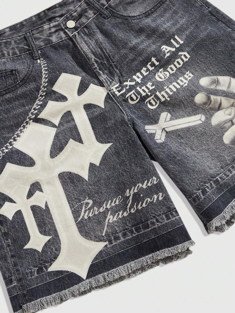 Men's Punk Chain Pattern Denim Shorts