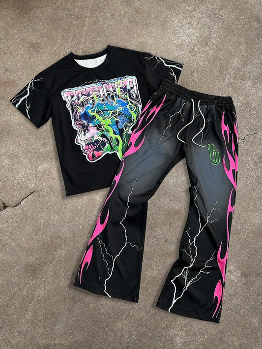 2pcs/Set Men Print Crew Neck Short Sleeve Top And Long Pants Sets