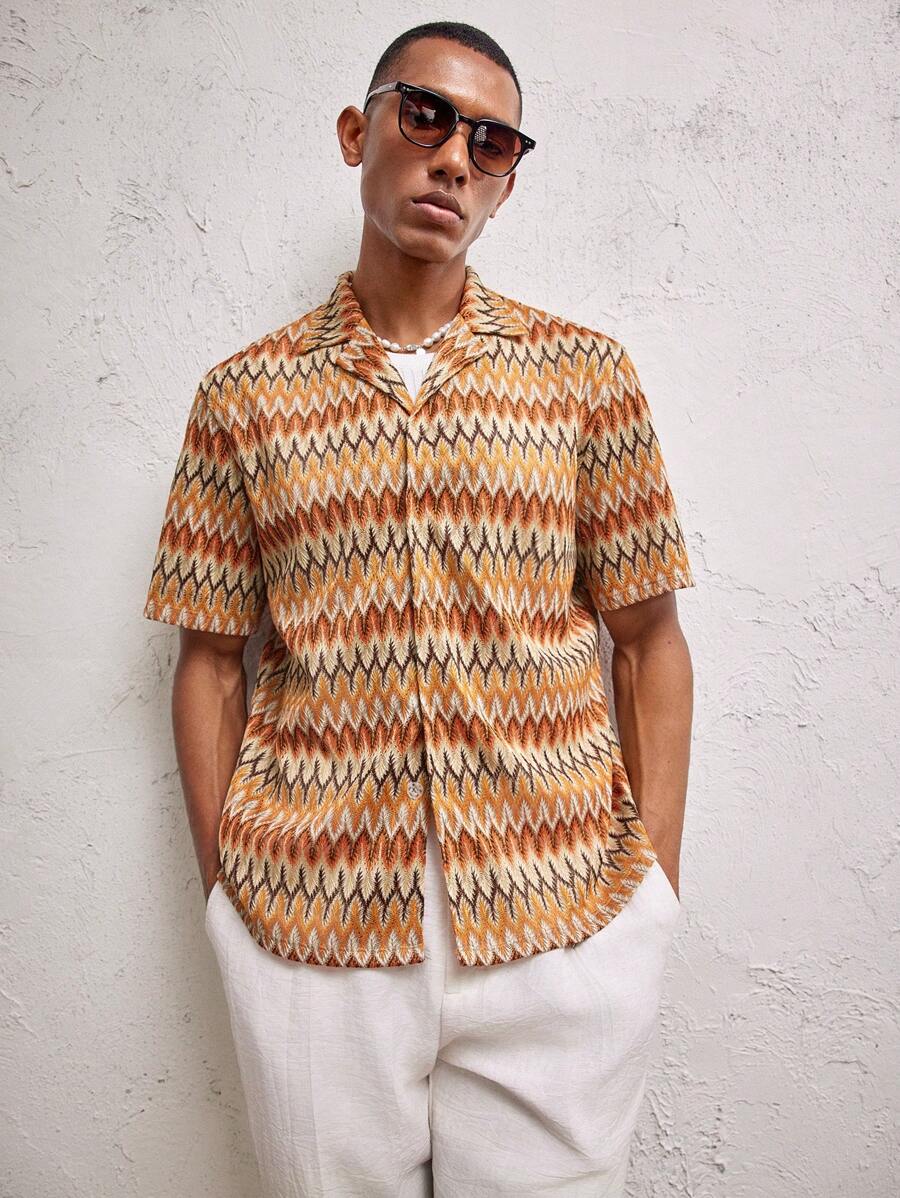 Business Casual Woven Floral Embroidered Drop Shoulder Shirt