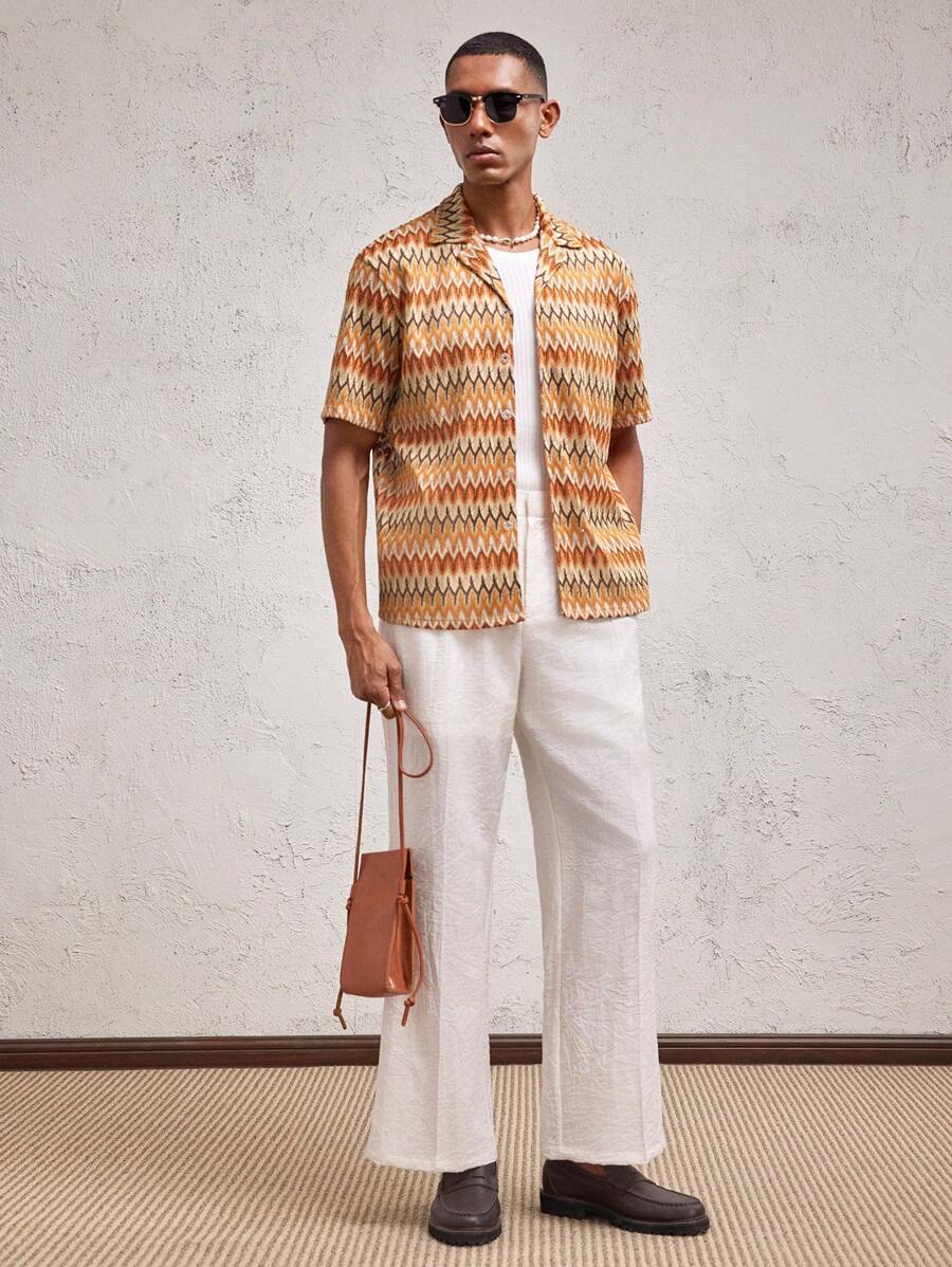 Business Casual Woven Floral Embroidered Drop Shoulder Shirt