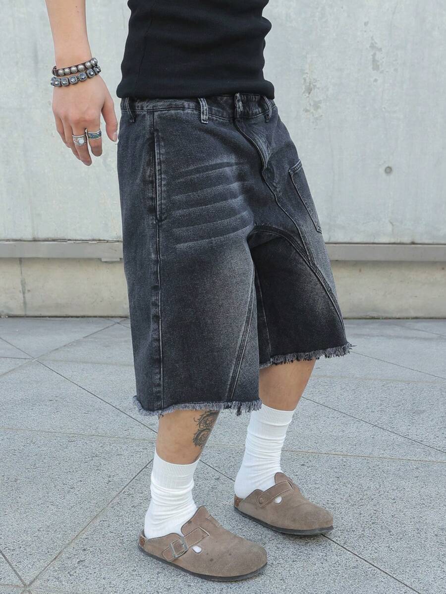 Men's Contrast Color Fringe Casual Denim Shorts