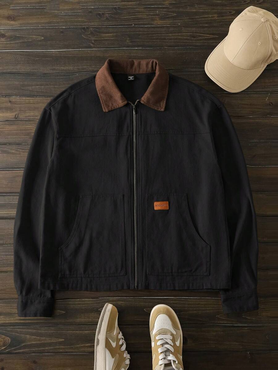 Men's Long Sleeve Casual Woven PU Leather Jacket