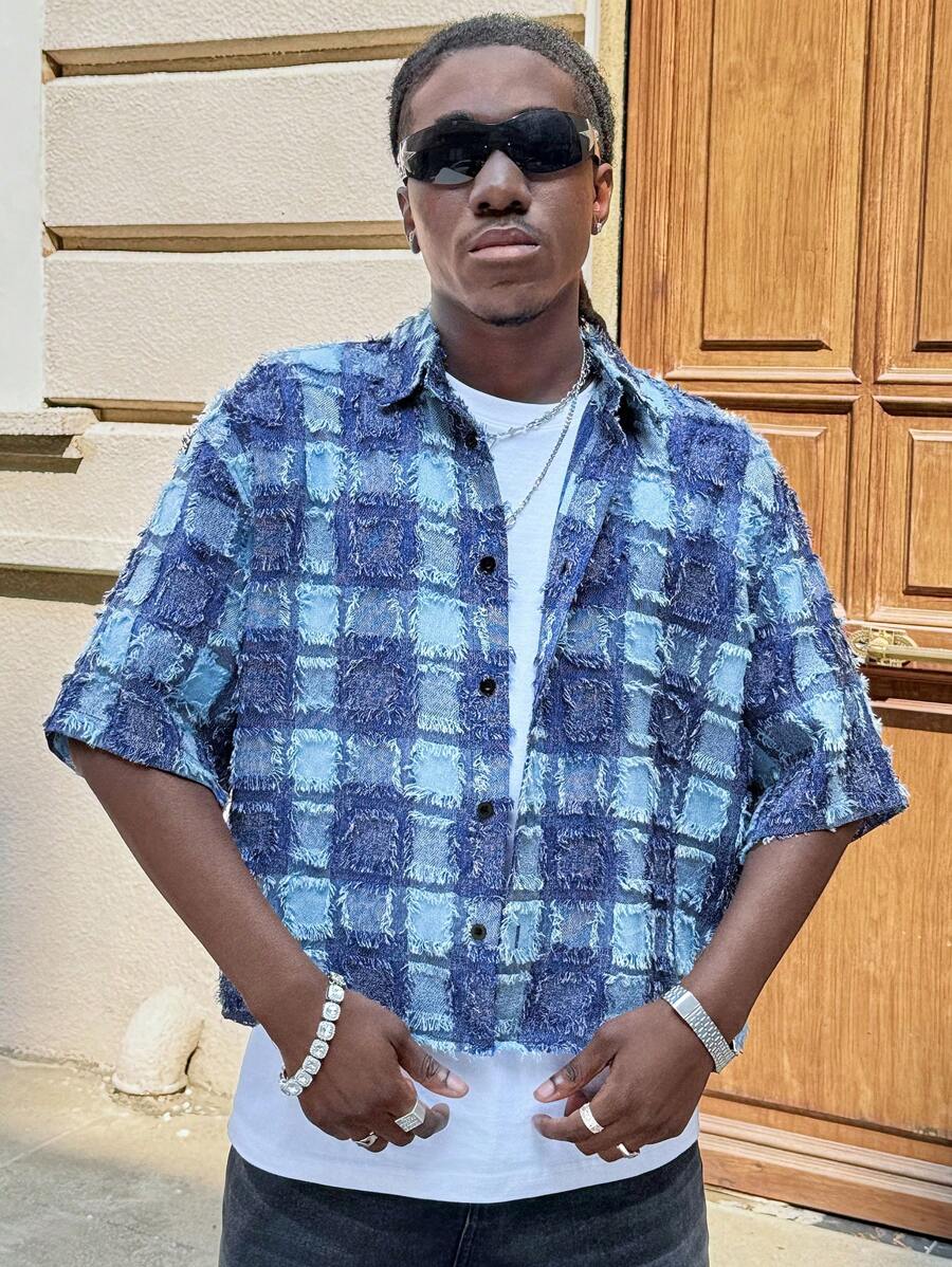 Men's Plaid Woven Short Sleeve Cropped Shirt