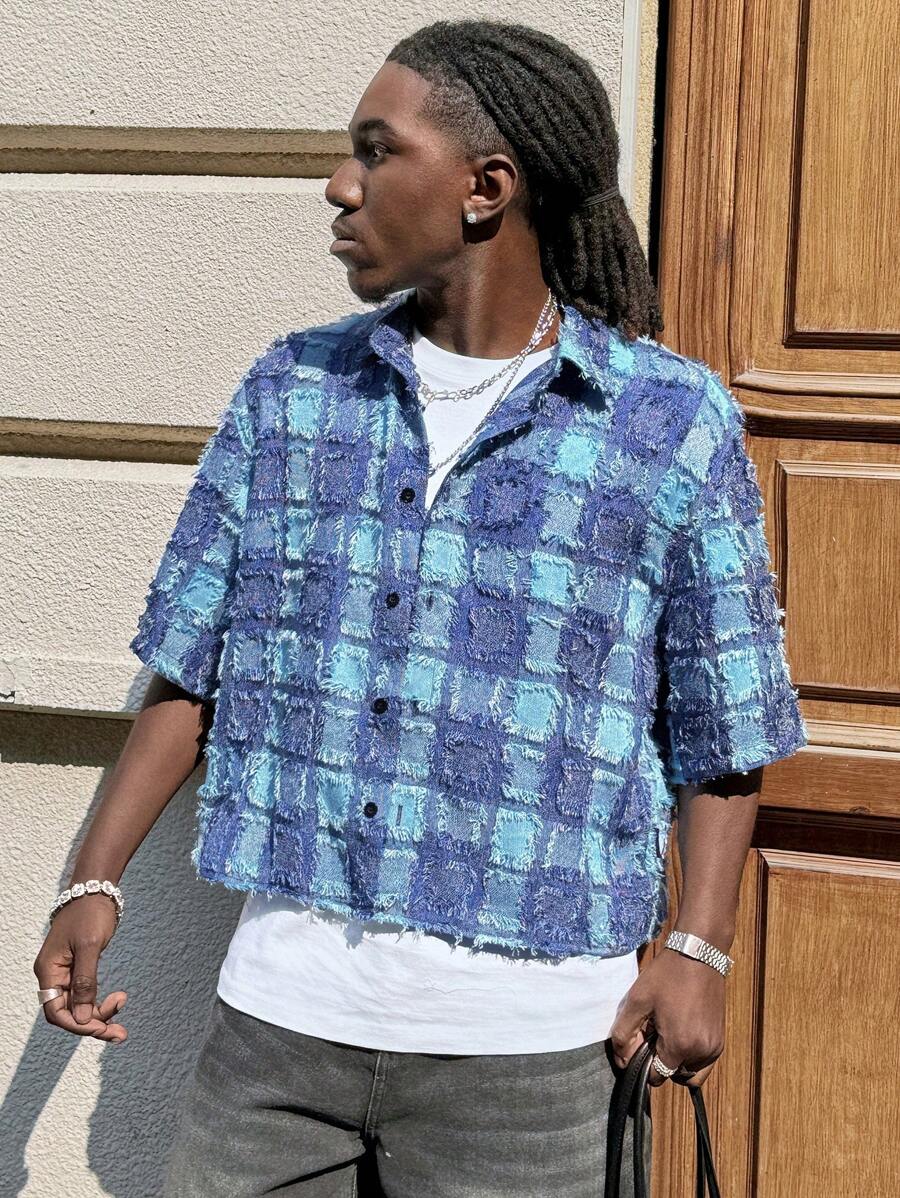 Men's Plaid Woven Short Sleeve Cropped Shirt