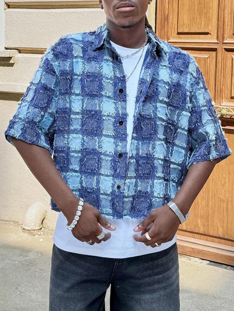 Men's Plaid Woven Short Sleeve Cropped Shirt