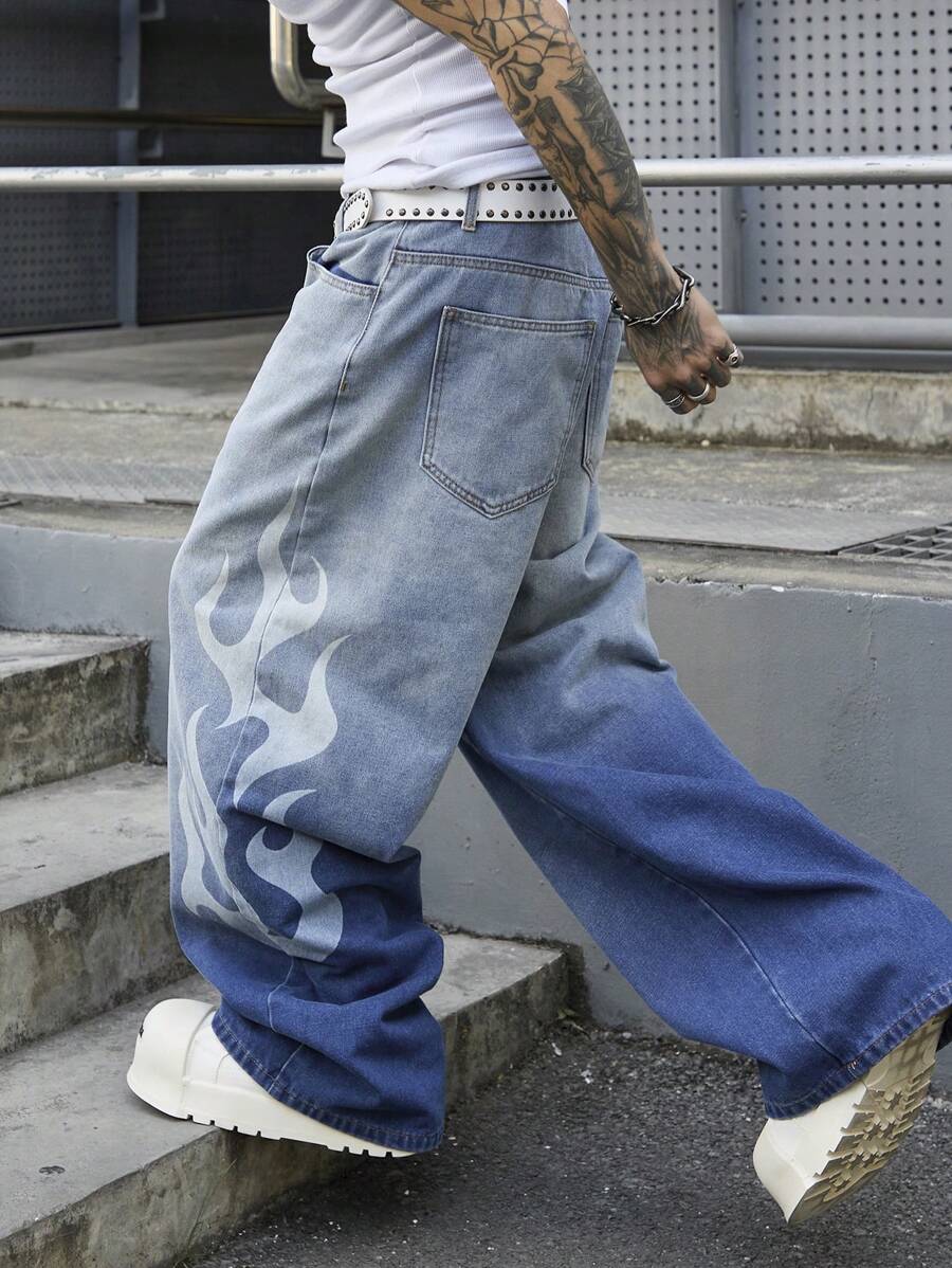 Men's Vintage Light Blue Distressed Denim Loose Wide Leg Pants