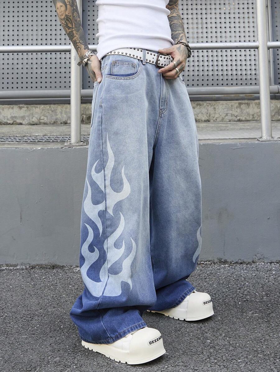 Men's Vintage Light Blue Distressed Denim Loose Wide Leg Pants