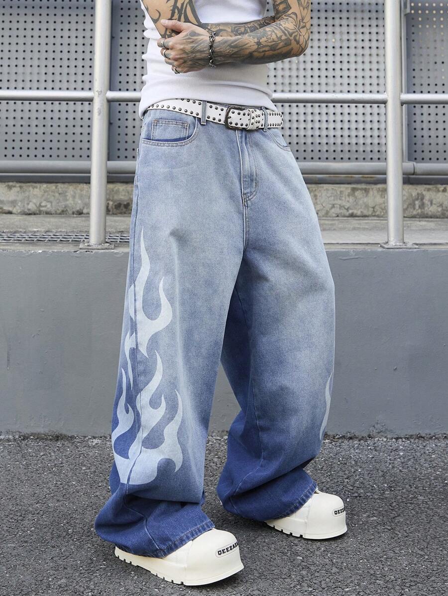 Men's Vintage Light Blue Distressed Denim Loose Wide Leg Pants